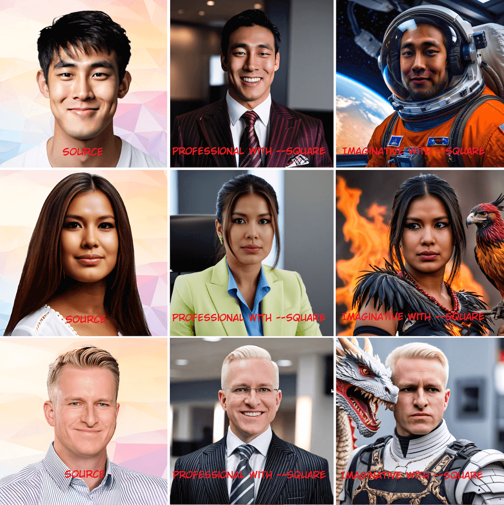 AI-generated headshots showing various styles and scenarios