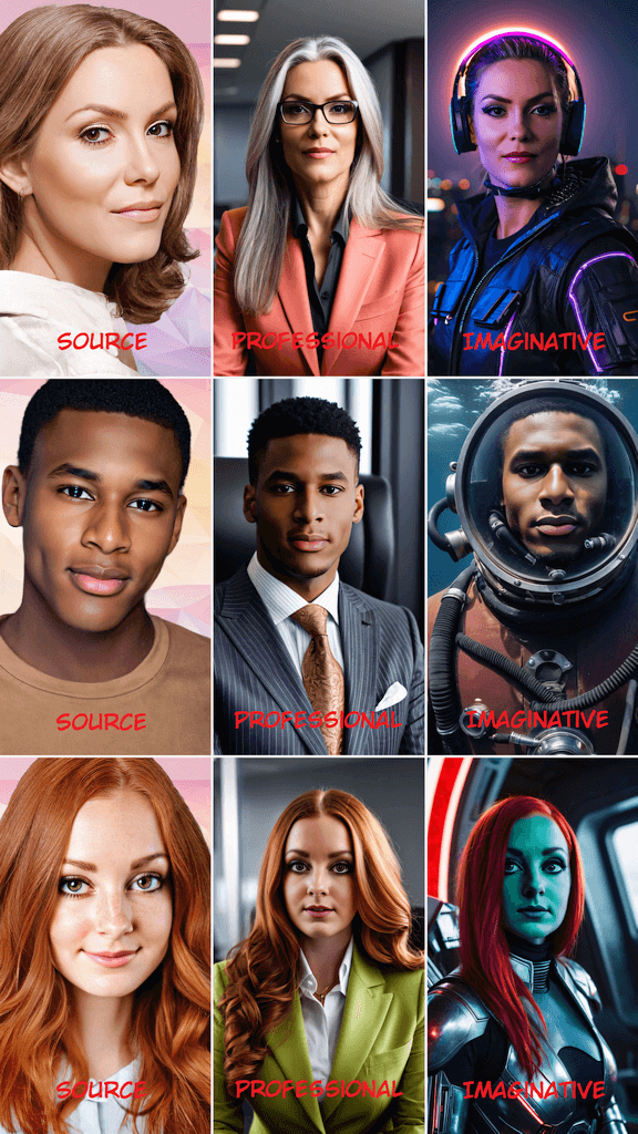 Multiple AI headshot examples showing different styles and scenarios