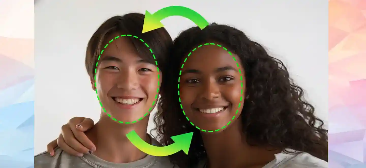 Two friends who have swapped faces with each other.