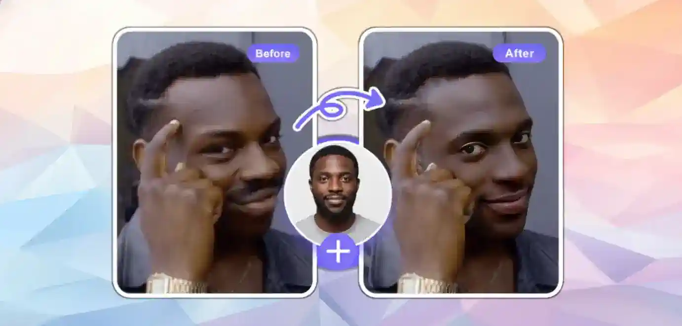 A person's face swapped into a popular internet meme.