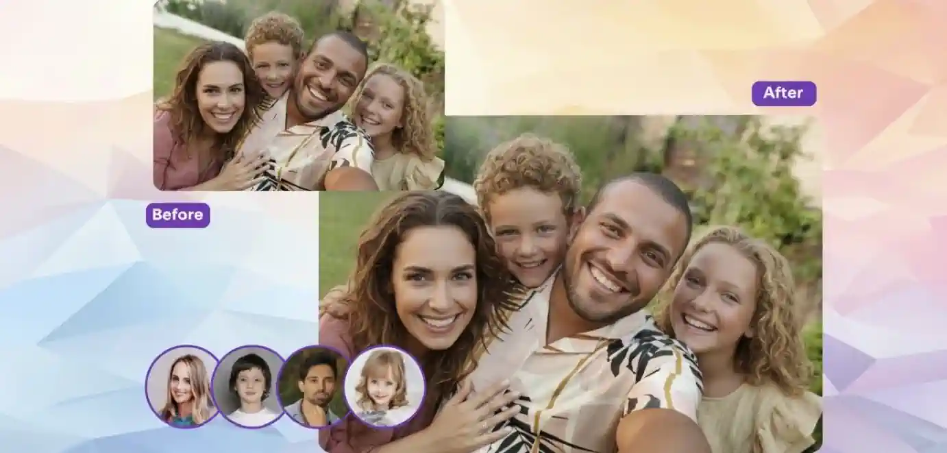 A group of people with their faces swapped with each other.